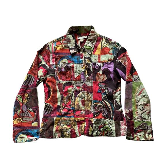 Mirror Image Multicolor Abstract Print Collar Jacket Size Medium Linen/Cotton - Picture 1 of 11